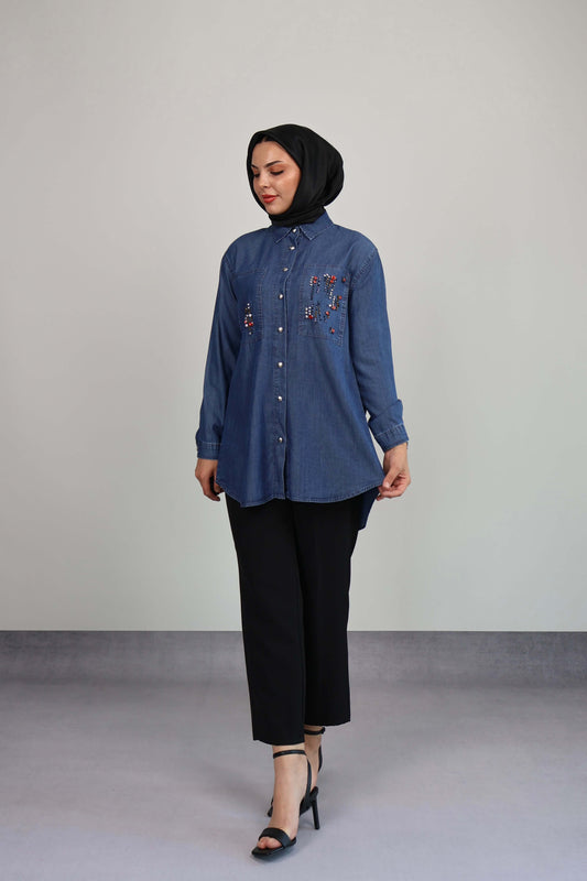 KOYU DENIM RENKLİ TAŞ DETAY TENCEL GÖMLEK