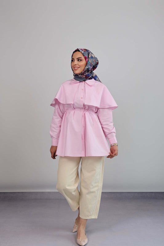 PEMBE BELİ BAĞLAMALI VOLANLI TUNİK