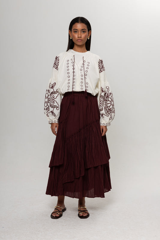 BEYAZ  BORDO NAKIŞLI BLUZ