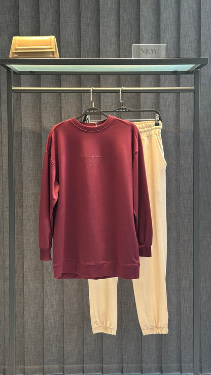BORDO PARLAK TANATON BASKILI BASİC SWEAT