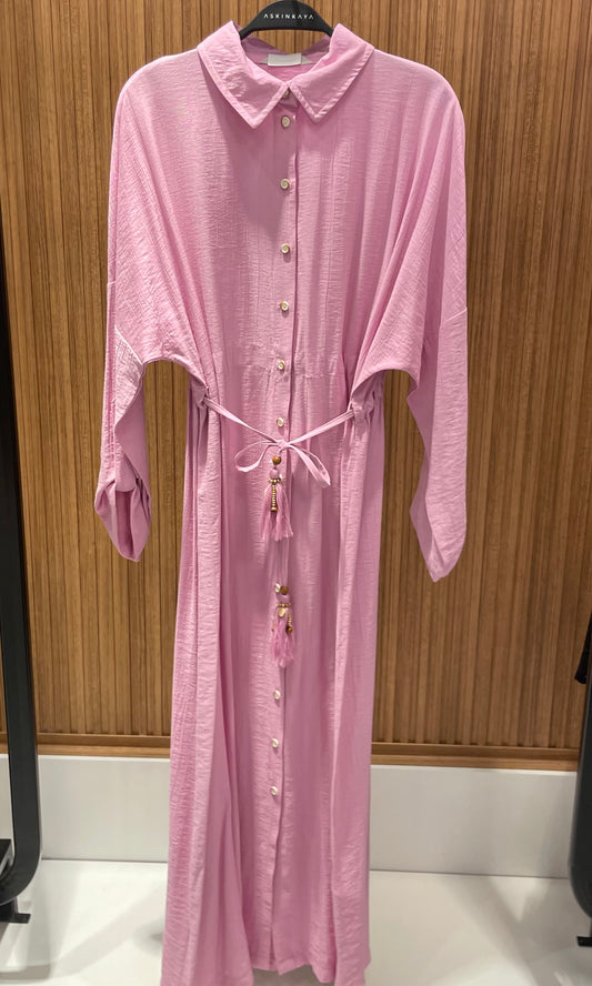 PEMBE BELİ TÜNELLİ GÖMLEK ELBİSE