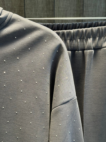 GRİ ÖNÜ TAŞLI FERMUAR DETAYLI PANTOLON TAKIM