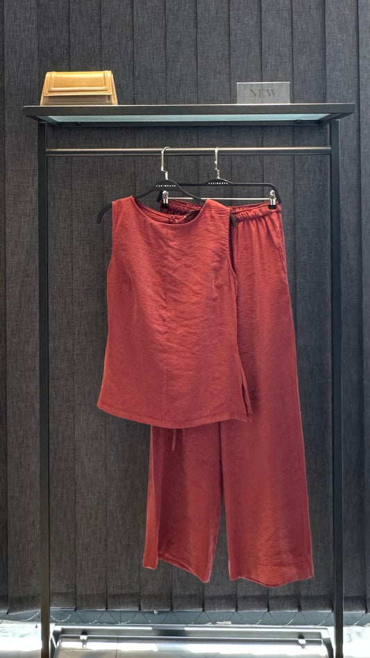 BORDO BELİ BAĞÇIKLI YIRTMAÇLI PANTOLON TAKIM