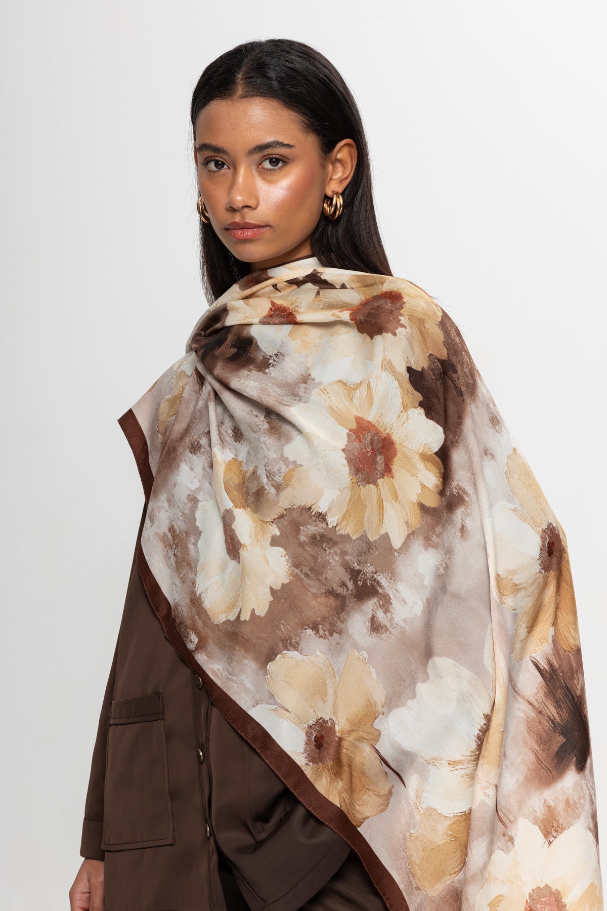 KAHVE   ÇİÇEK DESENLİ ŞAL