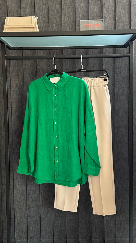 BENETTON YEŞİL BASIC KETEN GÖMLEK