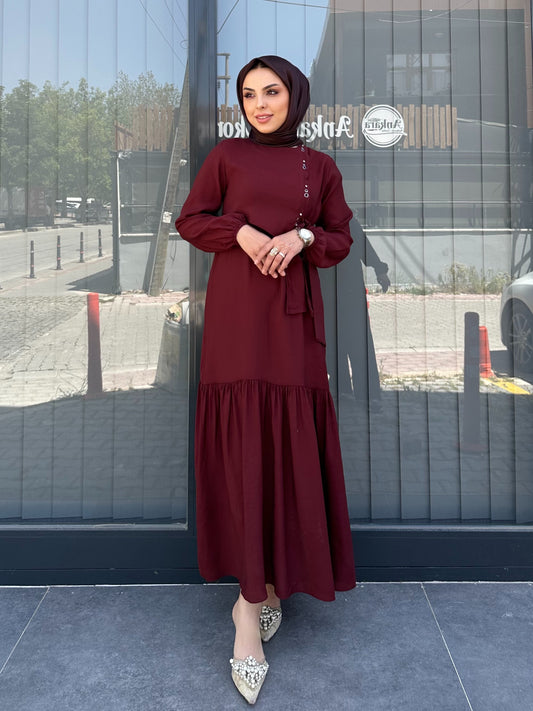 BORDO YANDAN BAĞLAMA DETAY ELBİSE