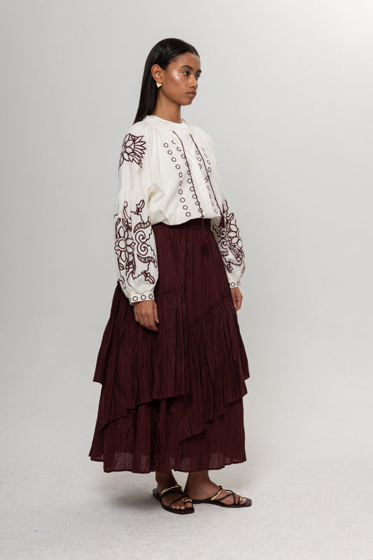 BEYAZ  BORDO NAKIŞLI BLUZ