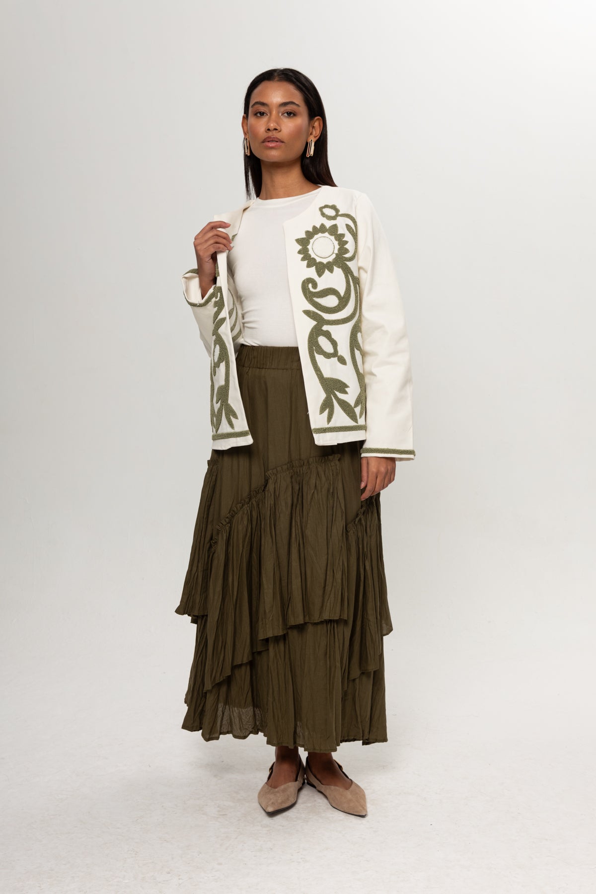 HAKİ YEŞİL KRAŞLI KAT KAT ETEK