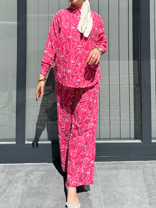 PEMBE  BEJ  DİKİŞ DETAY PANTOLON TAKIM