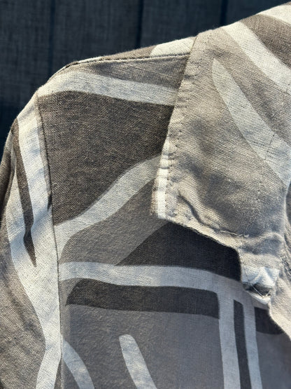 KAHVERENGİ TASARIM DESEN UZUN KETEN ELBİSE