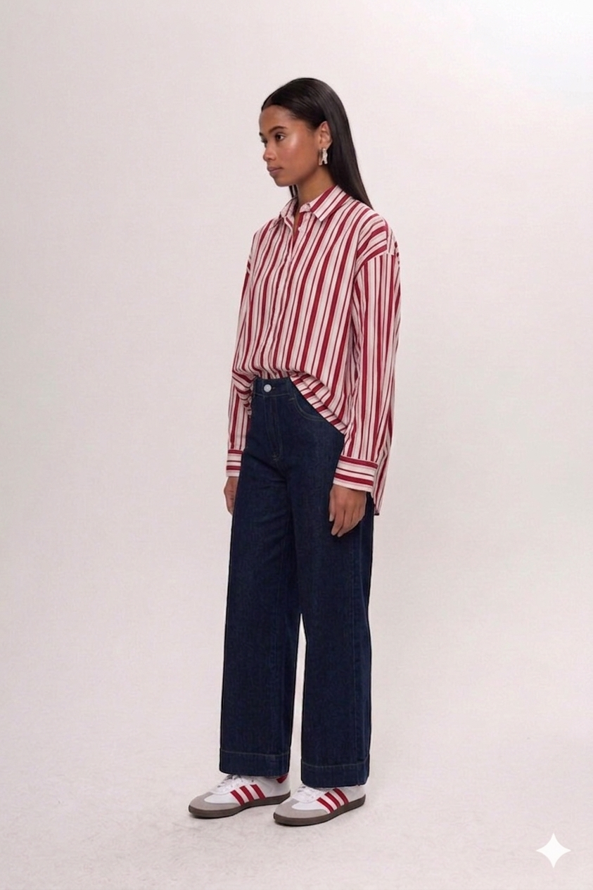 KIRMIZI ARKASI ÇİZGİLİ NAKIŞLI GÖMLEK