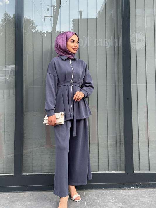 İNDİGO PİLİSELİ KEMER DETAYLI PANTOLON TAKIM