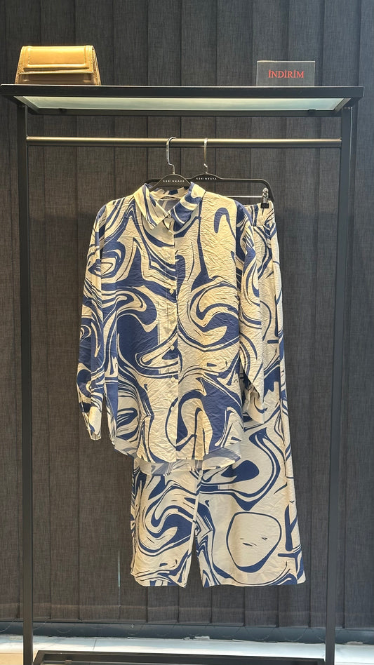 SAKS MAVİSİ BATIK DESENLİ PANTOLON TAKIM