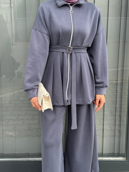 İNDİGO PİLİSELİ KEMER DETAYLI PANTOLON TAKIM