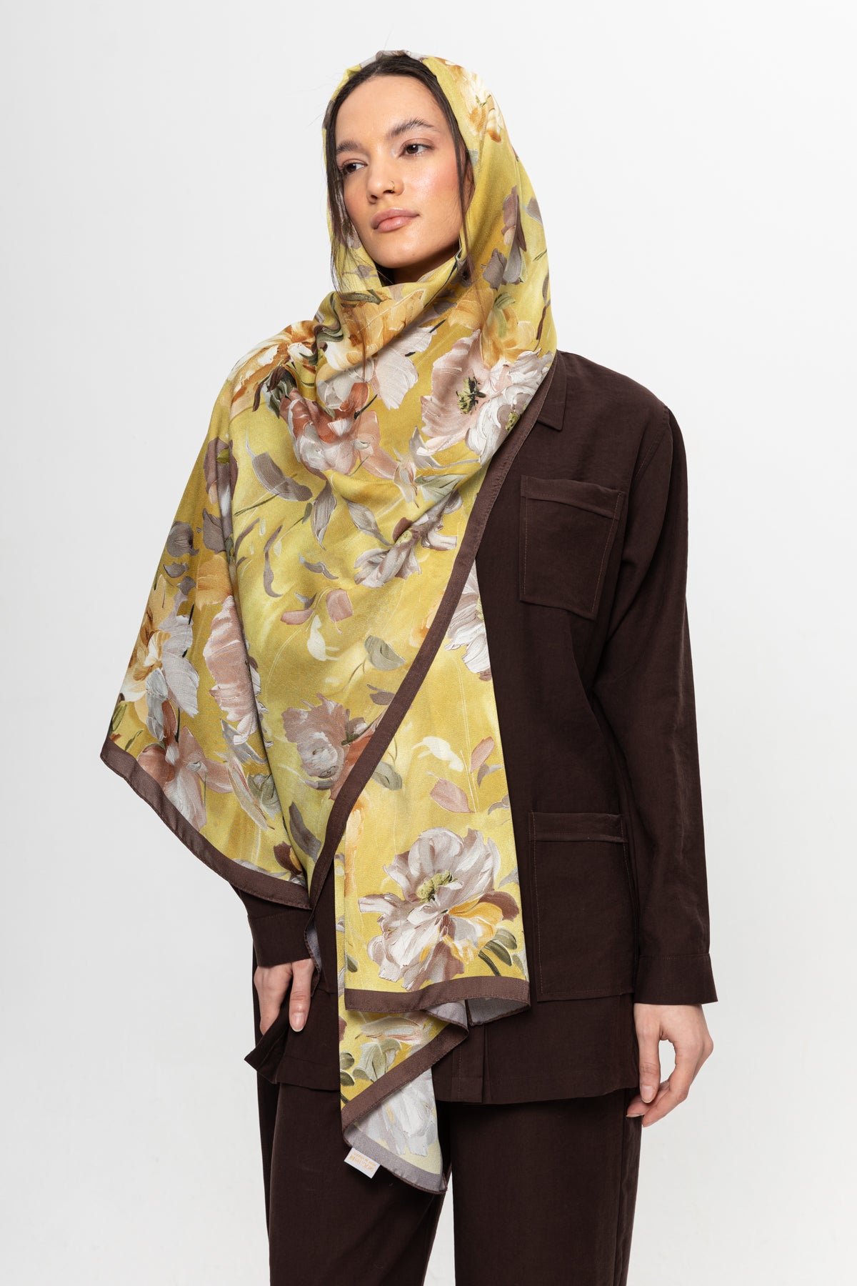 KAHVE SARI  ÇİÇEK DESENLİ ŞAL