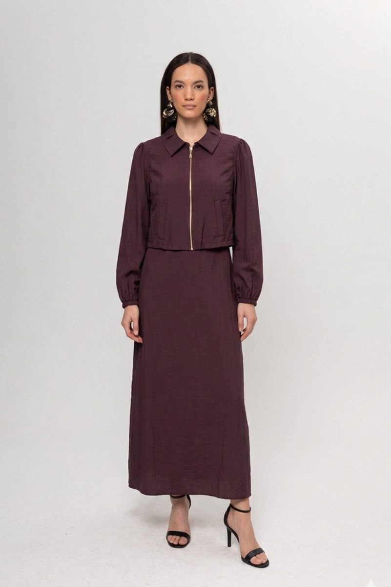 BORDO YELEK DETAYLI ELBİSE