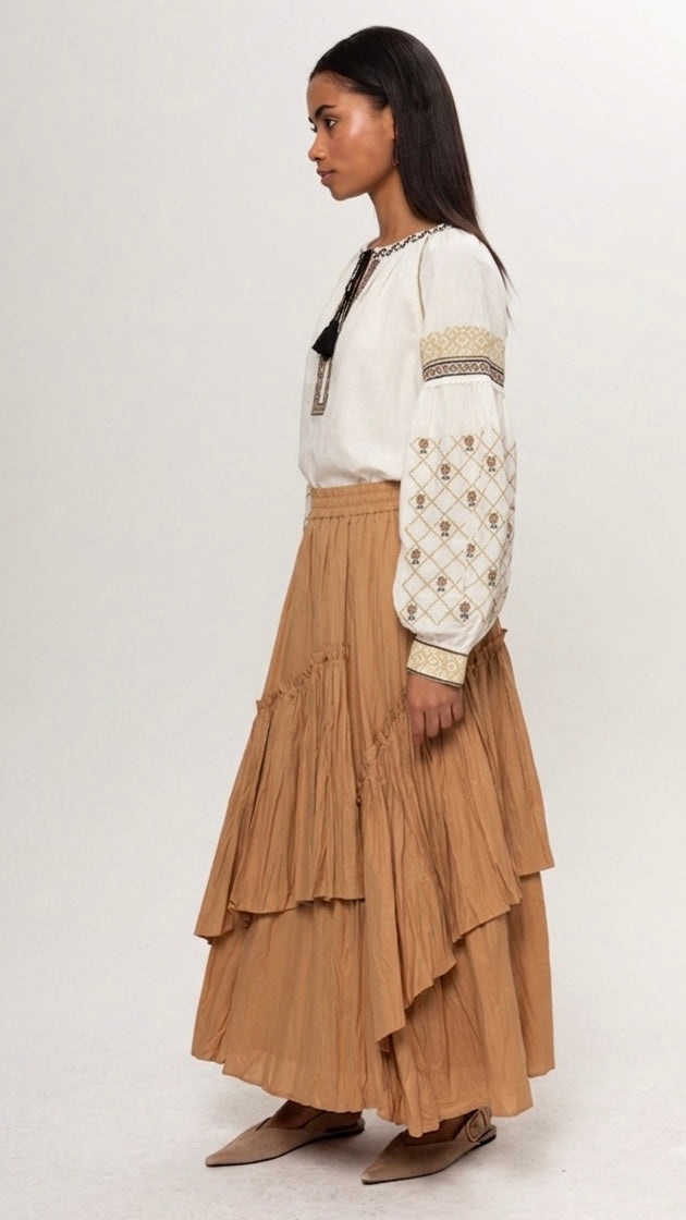 EKRU KOLLARI CAMEL RENKLİ BLUZ
