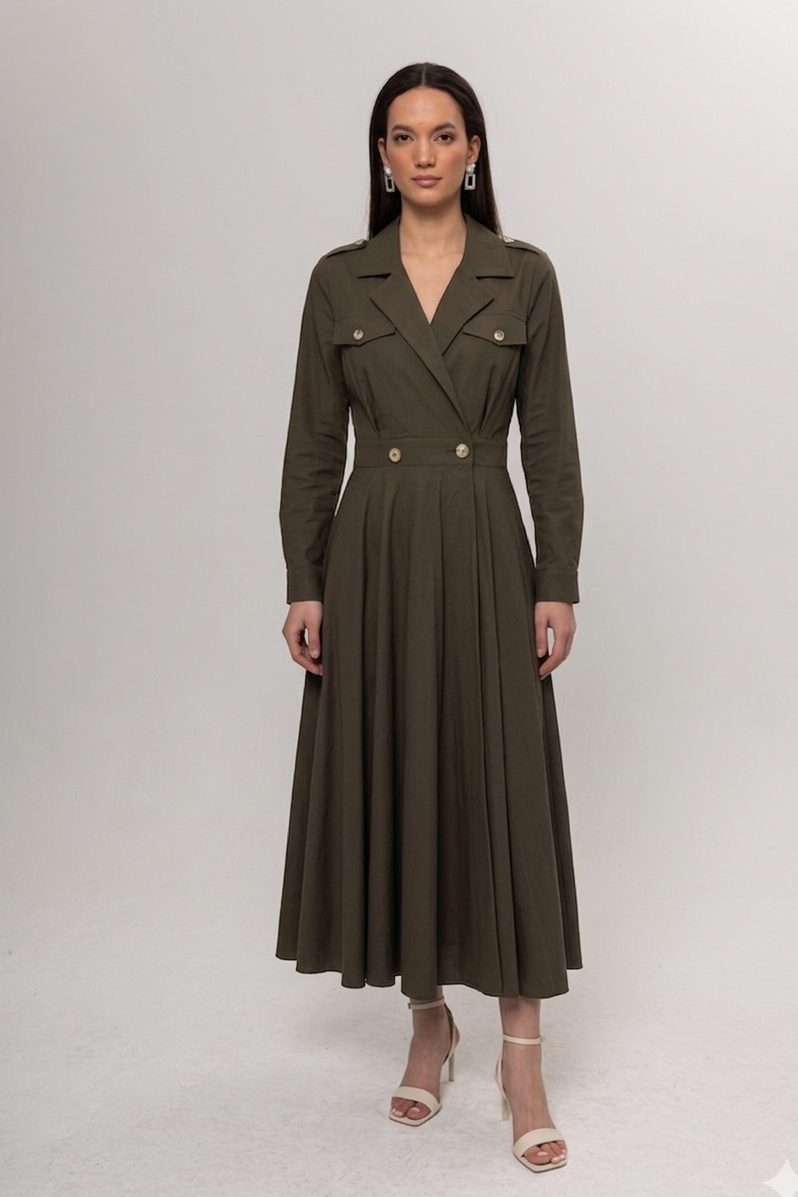 HAKİ  APOLET DETAY TRENÇ ELBİSE