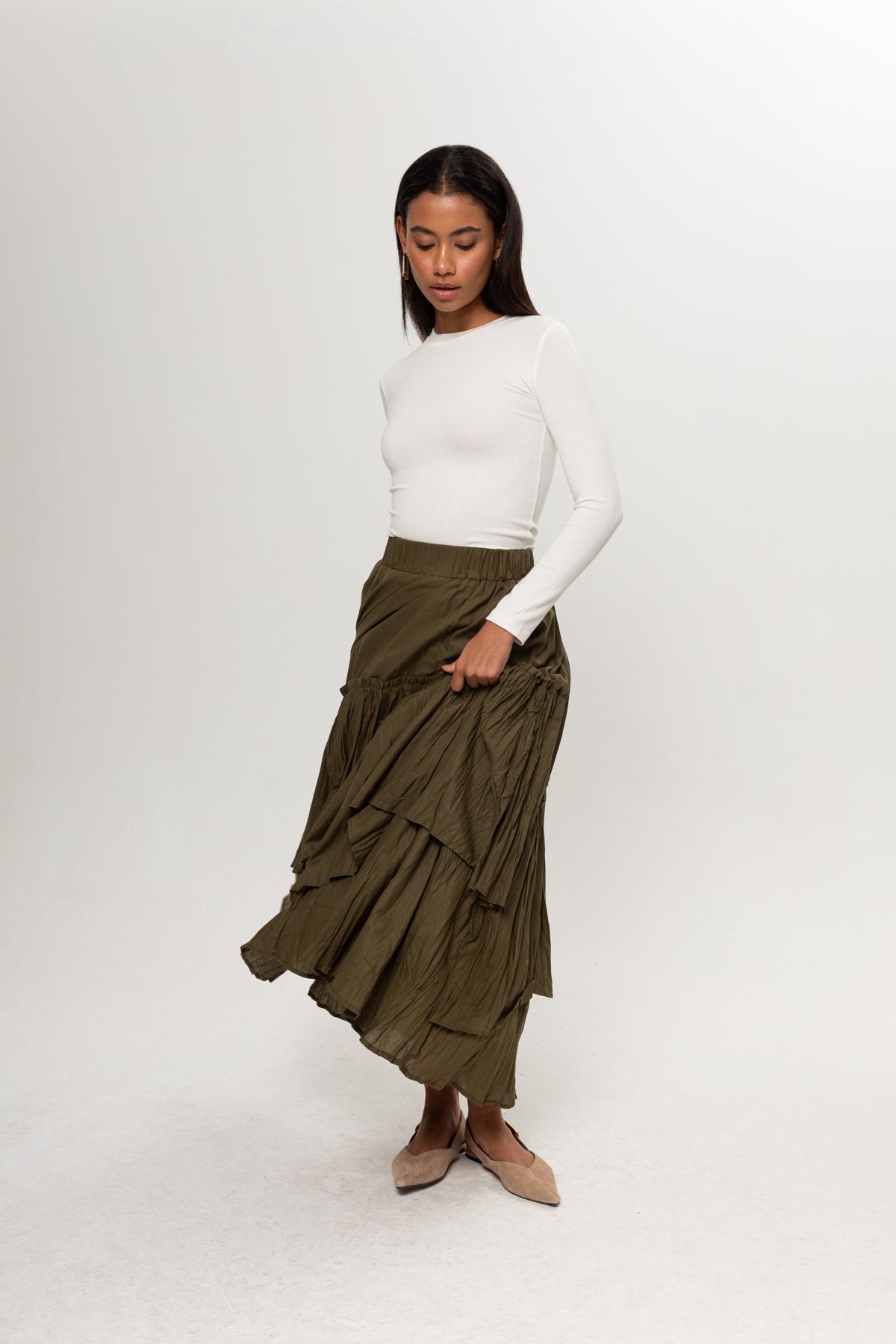 HAKİ YEŞİL KRAŞLI KAT KAT ETEK