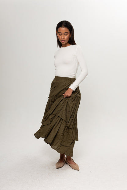 HAKİ YEŞİL KRAŞLI KAT KAT ETEK