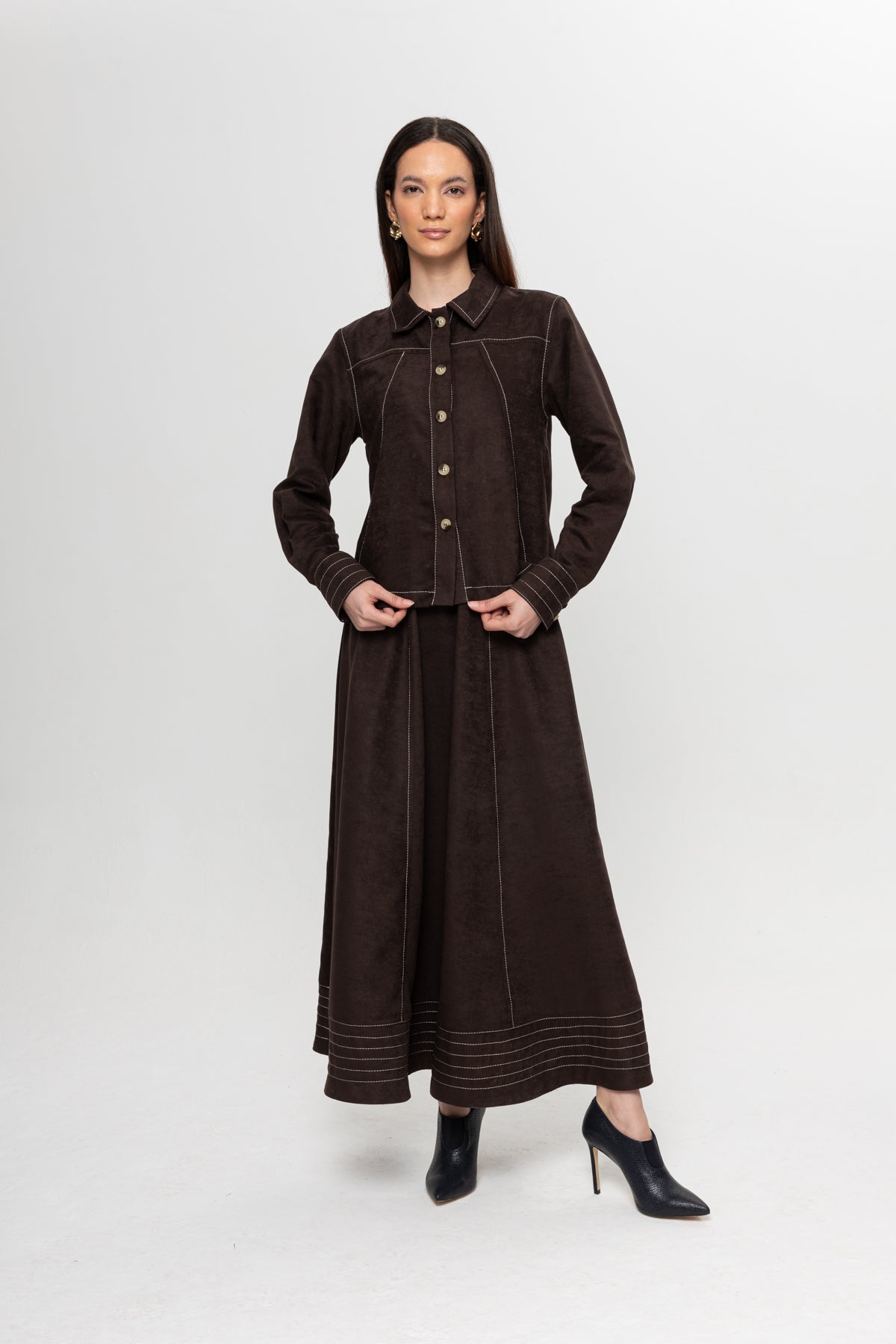 KAHVE  ÇİZGİLİ ETEK TAKIM