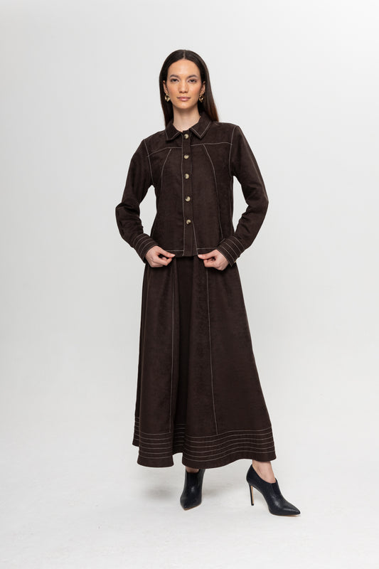 KAHVE  ÇİZGİLİ ETEK TAKIM