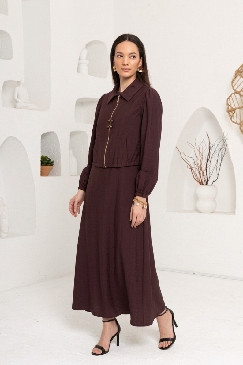 BORDO YELEK DETAYLI ELBİSE