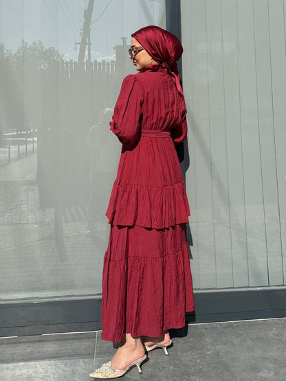 BORDO BELİ LASTİKLİ KUŞAKLI ELBİSE