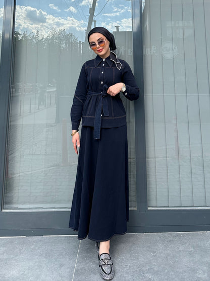 KOYU DENIM LİKRALI ETEK TAKIM