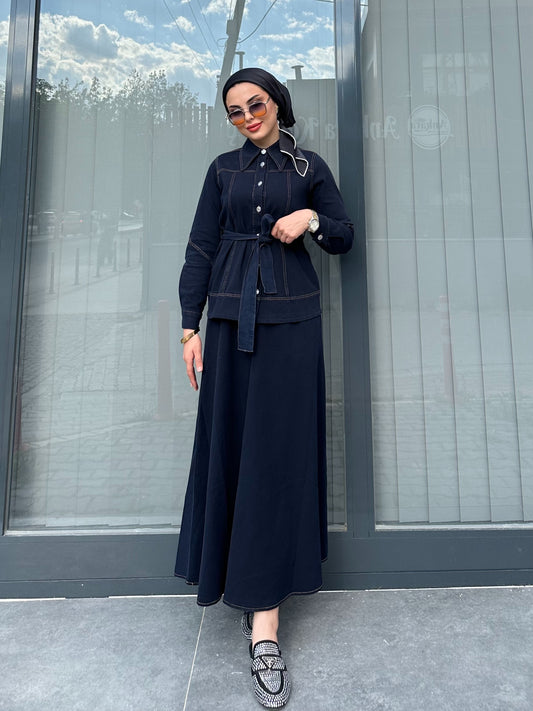 KOYU DENIM LİKRALI ETEK TAKIM