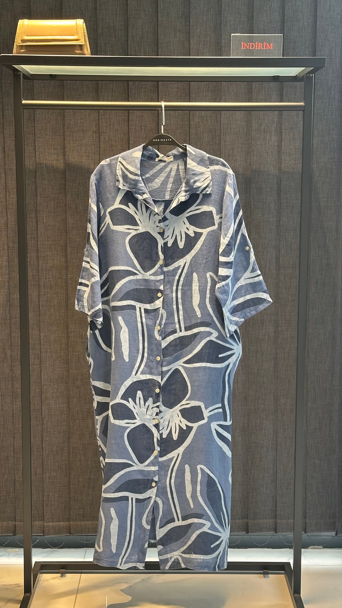 İNDİGO TASARIM DESEN UZUN KETEN ELBİSE