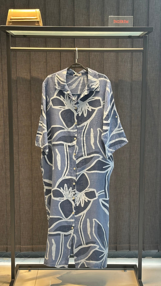 İNDİGO TASARIM DESEN UZUN KETEN ELBİSE