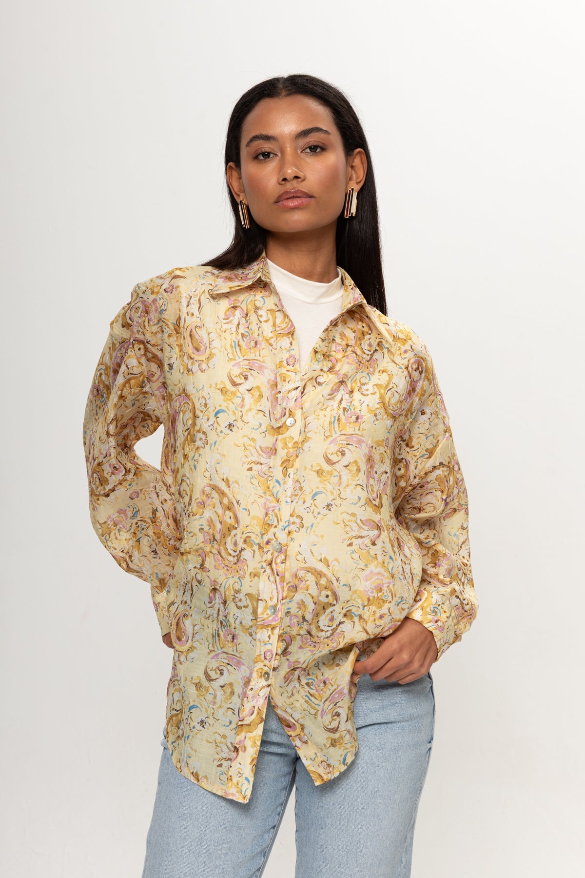 SARI ETNİK DESENLİ GÖMLEK