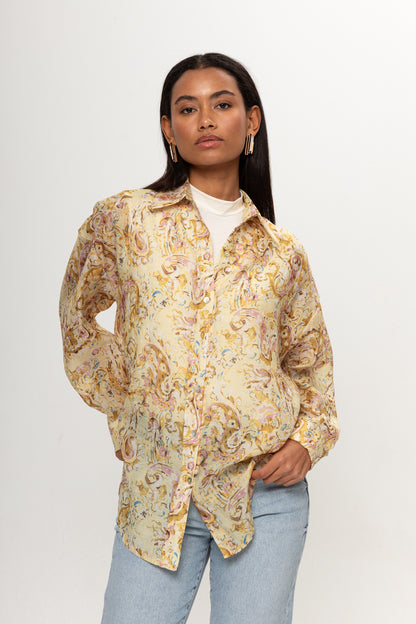 SARI ETNİK DESENLİ GÖMLEK