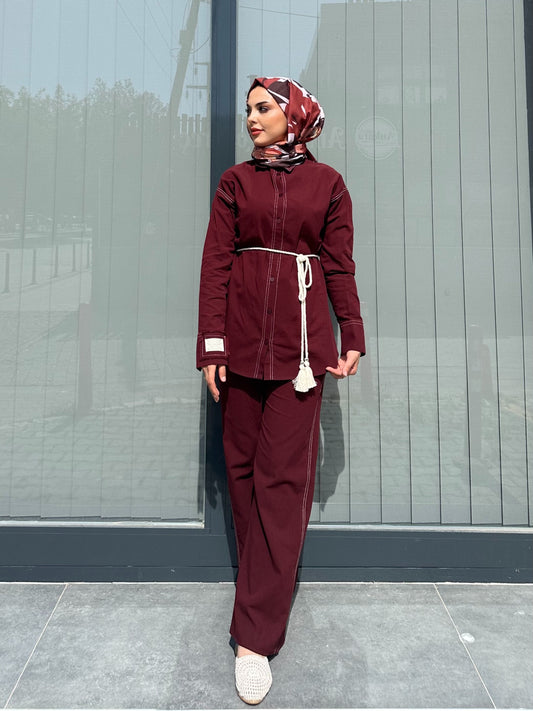 BORDO ETİKET DETAYLI KETEN PANTOLON TAKIM
