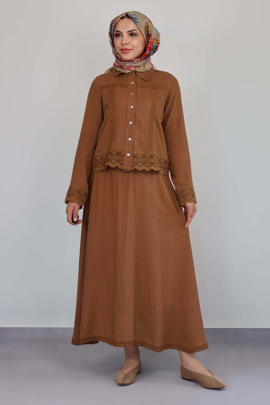 CAMEL GÜPÜR DETAYLI ETEKLİ TAKIM