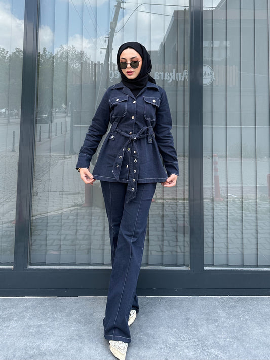 KOYU DENIM BEYAZ DİKİŞ DETAY PANTOLON TAKIM