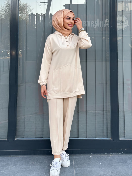 KREM ÖNDEN DÜĞMELİ İKİLİ TAKIM