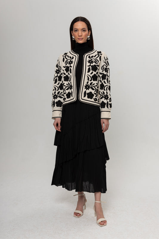 BEJ SİYAH NAKIŞLI KİMONO