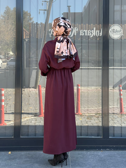 BORDO KESİK DETAYLI FERMUAR YAKALI ELBİSE