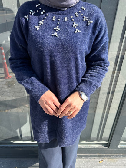 LACİVERT ÖNÜ TAŞLI ANGORA KAZAK