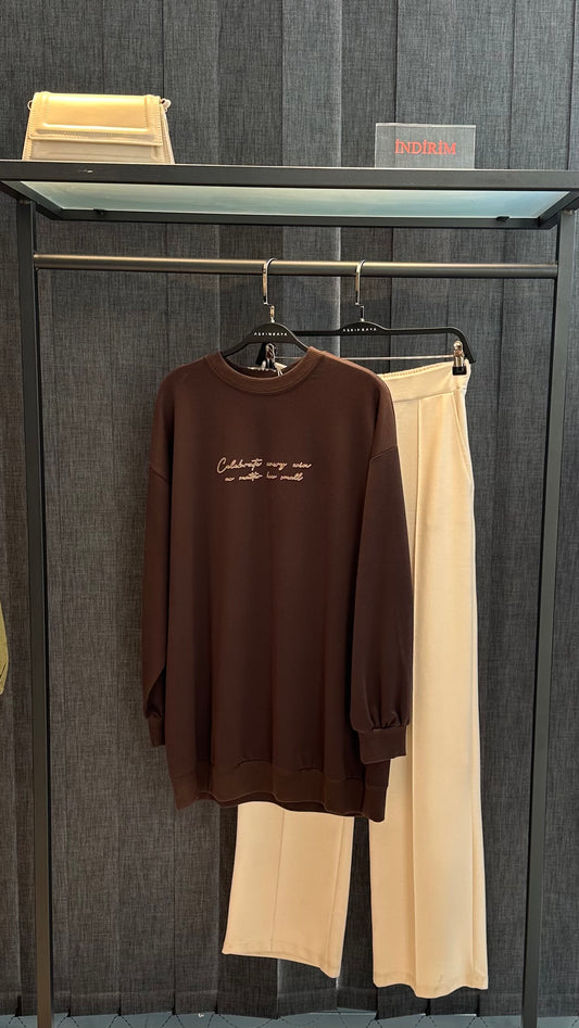 KAHVE TONLAMALI YÜKSEK BASKI BASİC SWEAT