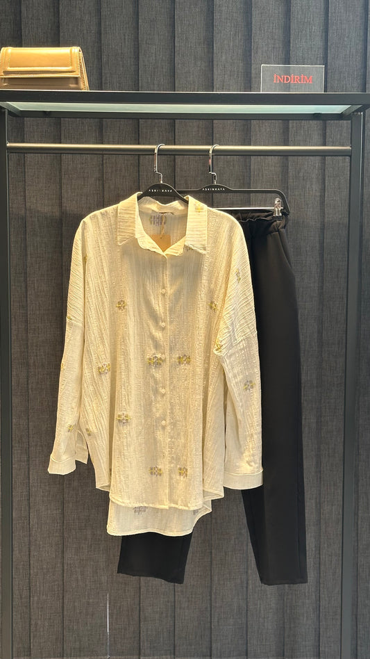 BEJ YEŞİL VE MOR RENKLİ SALAŞ KEMERLİ GÖMLEK