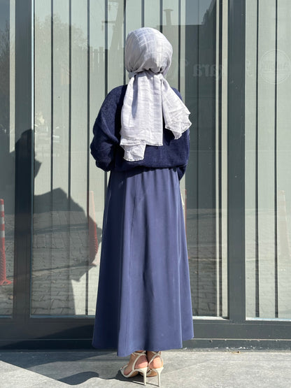 LACİVERT KEMERLİ GENİŞ ETEK