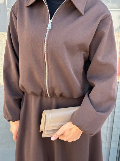 KAHVERENGİ FERMUAR DETAY CEKETLİ ETEK TAKIM