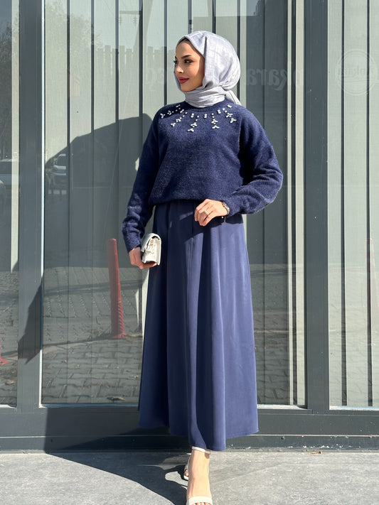 LACİVERT KEMERLİ GENİŞ ETEK