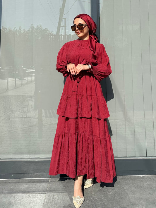 BORDO BELİ LASTİKLİ KUŞAKLI ELBİSE