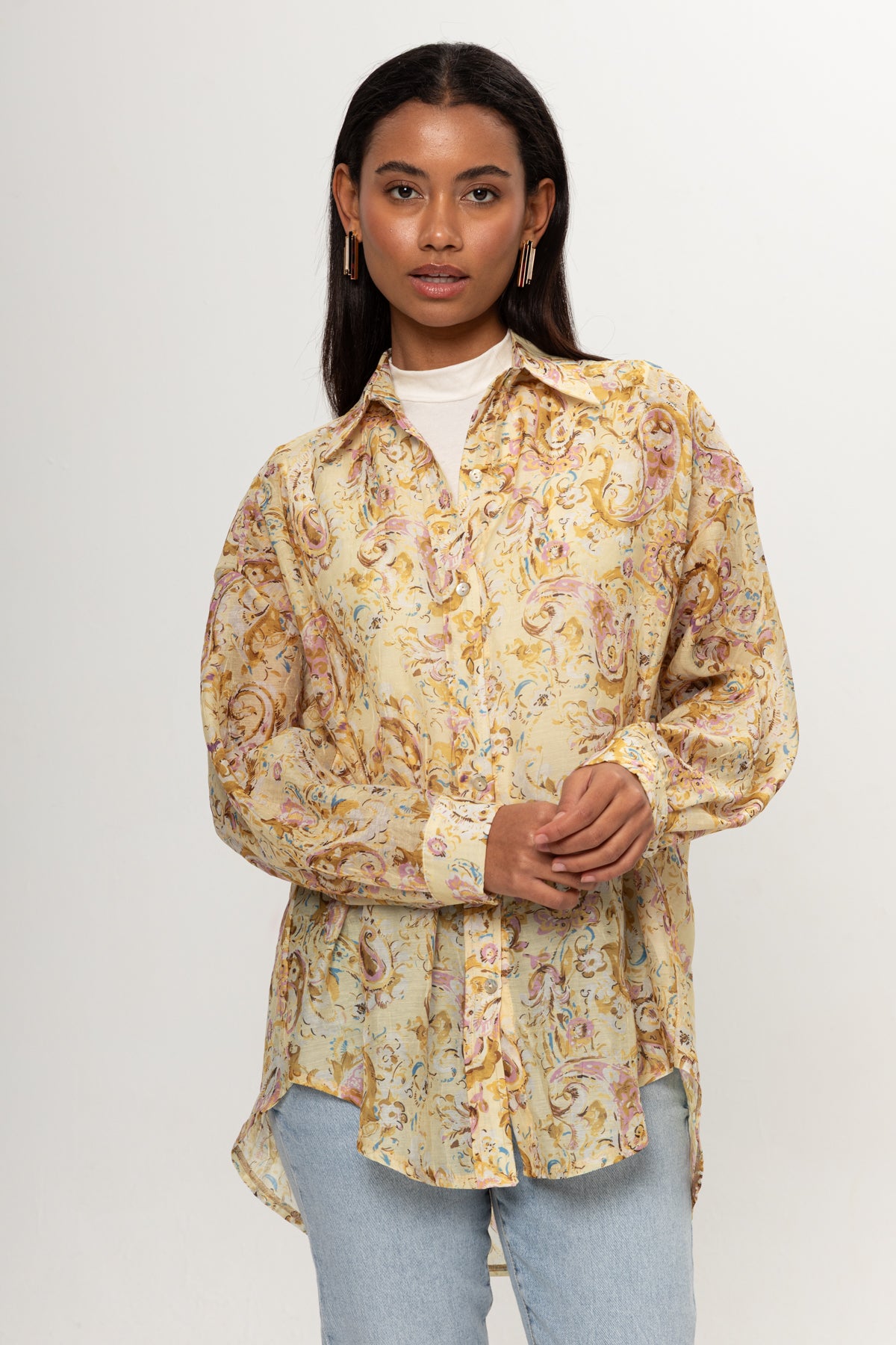 SARI ETNİK DESENLİ GÖMLEK