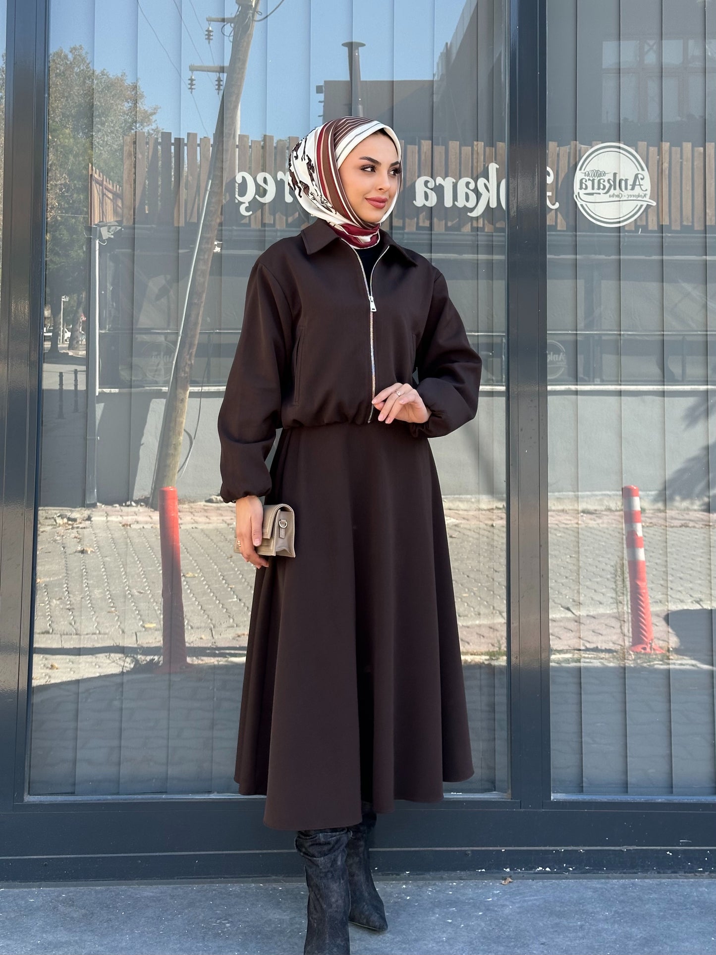 KAHVERENGİ FERMUAR DETAY CEKETLİ ETEK TAKIM