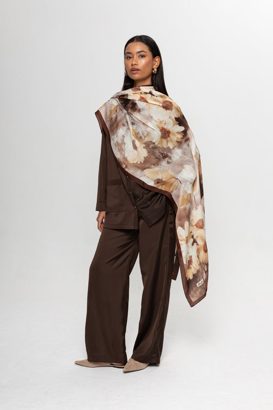 KAHVE   ÇİÇEK DESENLİ ŞAL